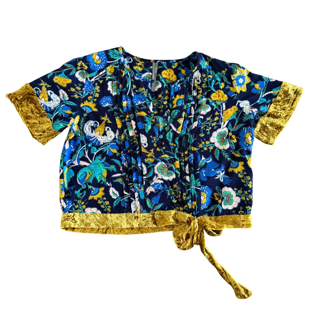 Anthropologie Velvet Trim Floral Pintuck Blouse XS Navy Mustard Yellow Boho Tie